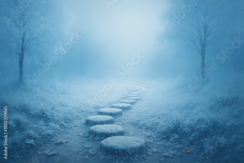 Ethereal Blue Winter Landscape with Frosty Path Stepping Stones and Misty Horizon