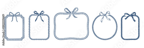 Doodle line frame, ribbon bow border set, vector hand drawn coquettish wedding decor, elegant lace. Minimal holiday whimsical postcard design, wax crayon texture, wavy decoration print. Doodle frame