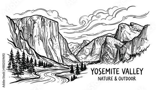 Yosemite valley landscape nature drawing, showing a mountain, trees and river illustration graphic art.