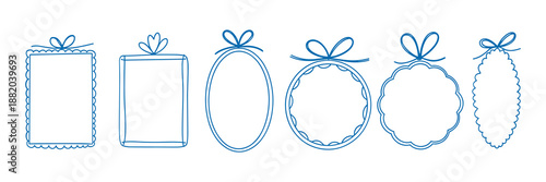 Doodle line frame, ribbon bow border set, vector hand drawn coquettish wedding decor, elegant lace. Minimal holiday whimsical postcard design, wax crayon texture, wavy decoration print. Doodle frame