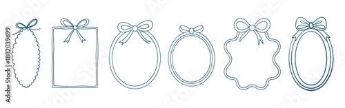 Doodle line frame, ribbon bow border set, vector hand drawn coquettish wedding decor, elegant lace. Minimal holiday whimsical postcard design, wax crayon texture, wavy decoration print. Doodle frame