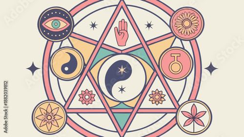 Spiritual symbol with star eye moon hand and yin yang on beige background representing mysticism and harmony