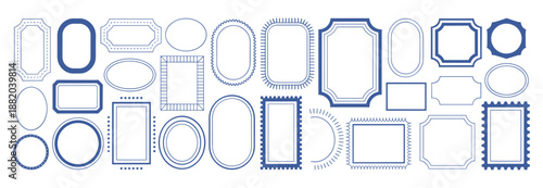 Doodle frame set, vector hand drawn stamp border, vintage abstract wavy post stamp simple design. Blue decorative rectangle label, empty banner shape collection. Coastal retro postmark doodle frame