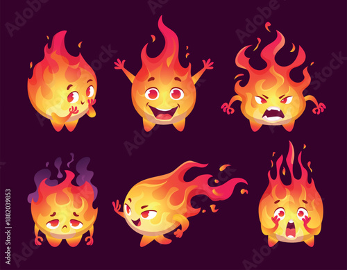 Fire mascot. Funny emotional flame character in action poses and funny faces exact vector template