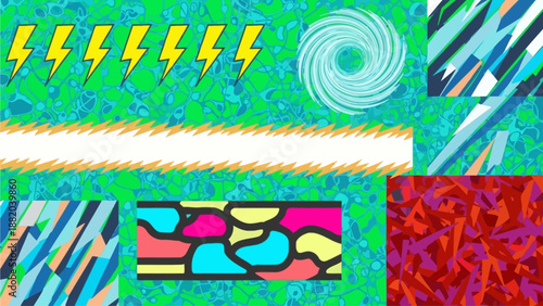 Vibrant abstract geometric patterns featuring seta, spirals, and lightning bolts in a dynamic digital artwork composition