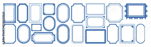 Doodle frame set, vector hand drawn stamp border, vintage abstract wavy post stamp simple design. Blue decorative rectangle label, empty banner shape collection. Coastal retro postmark doodle frame