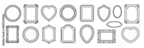 Doodle picture frame, hand drawn line vintage border, classic gallery empty decor vector baroque art. Ornamental decoration design elements, round, heart, oval shapes, swirl arch. Picture frame icon
