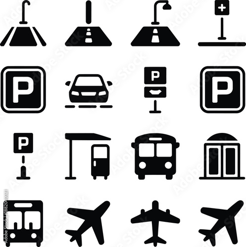 Collection of transportation and parking icons including car bus airplane gas station and parking signs