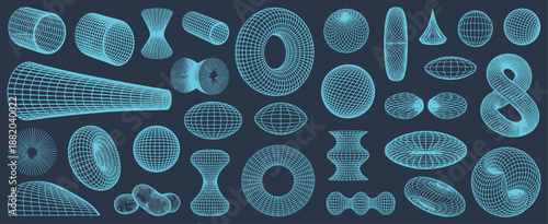Editable stroke vector set of abstract geometric elements. Grid 3D shapes, wireframe mesh, sphere and cube. Futuristic design in cyberpunk, y2k, retro style. For logo graphic, poster tech background
