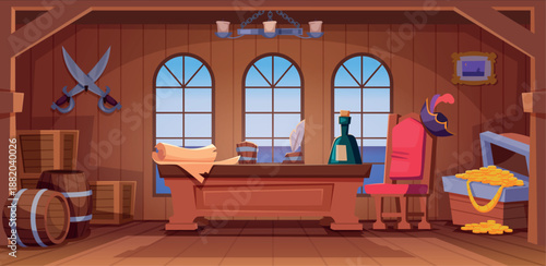 Pirate cabin. Battleship pirate cabin interior with specific wooden decoration exact vector adventure and sea exploration concept background