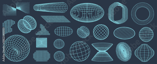Editable stroke vector set of abstract geometric elements. Grid 3D shapes, wireframe mesh, sphere and cube. Futuristic design in cyberpunk, y2k, retro style. For logo graphic, poster tech background