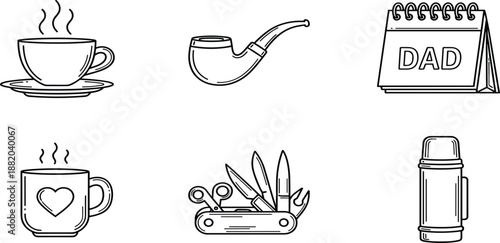 Set of lifestyle line icons featuring coffee cup, smoking pipe, Father's Day calendar, heart mug, multi-tool pocket knife, and thermos flask.