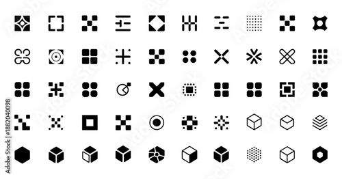 A collection of abstract square based vector icons. Logo, business, and corporate identity. Geometric shapes, symbols, and elements for use in branding, technology, design, and modern concepts.