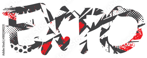 Expo high contrast abstract graffiti artwork featuring sharp black shapes and red accents. Energetic, modern composition suitable for urban design, contemporary decor.