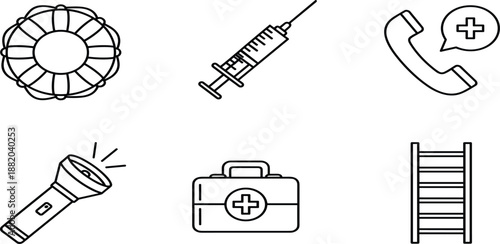 Set of emergency and medical line icons including a lifebuoy, syringe, emergency call, flashlight, first aid kit, and rescue ladder.