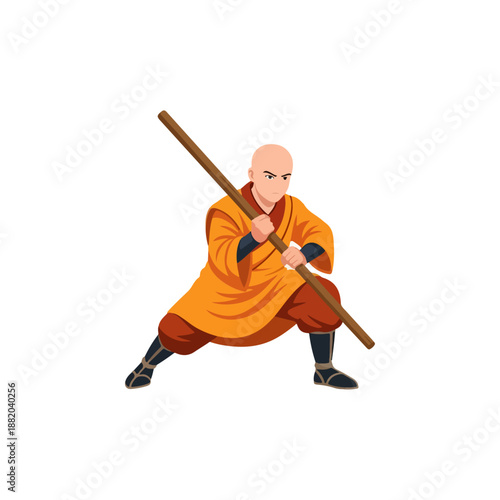 Martial Artist Monk Demonstrating Staff Fighting Technique.