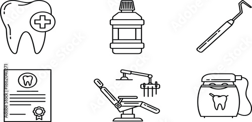 Set of dental care line icons including a tooth with cross, mouthwash bottle, dental mirror, certificate, dentist chair, and floss.