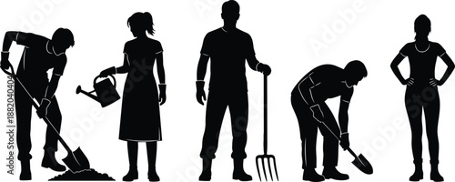 Gardening people silhouettes set, male female gardeners working with tools, outdoor farming activities illustration, black silhouettes isolated white background