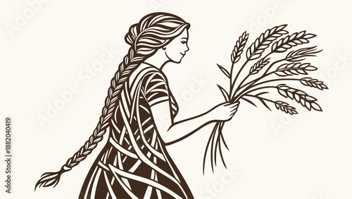 Woman holding wheat stalks in hand rustic illustration of girl with braid harvest symbol earthy tones