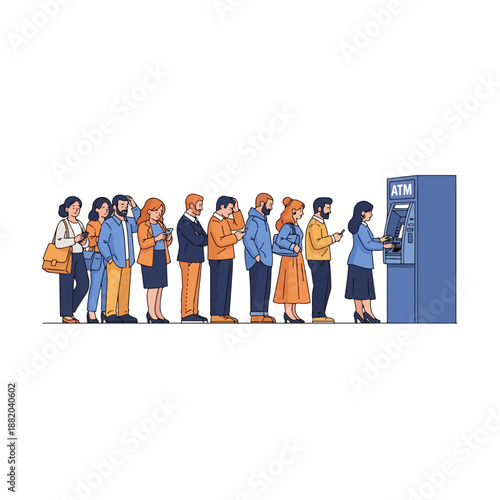 Diverse People Waiting in Line at ATM.