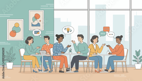 Diverse group of people sitting at a table engaged in a lively discussion.