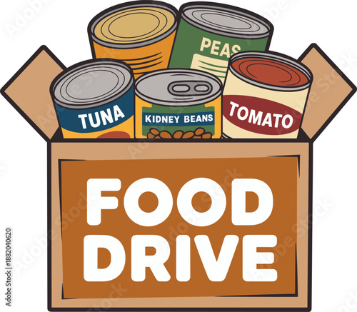 Food drive donation box illustration filled with canned goods including tuna, beans, peas, and tomatoes, symbolizing charity, community support, hunger relief, and volunteer assistance