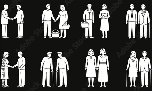 Human relationship life stages illustration, couples family seniors people interaction concept, minimal flat vector design