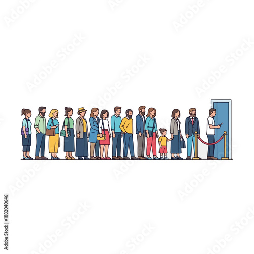 Diverse People Waiting in Line Illustration.