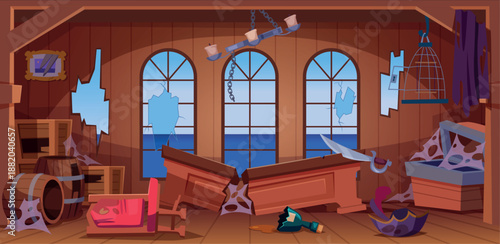 Damaged captain cabin. Abandoned wooden interior of pirate ship broken tables chairs and windows exact vector cartoon background