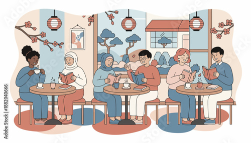 Diverse group of people enjoying a meal together in a cozy cafe.