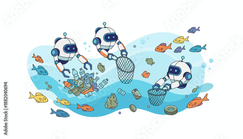 Robots cleaning ocean pollution with nets underwater.