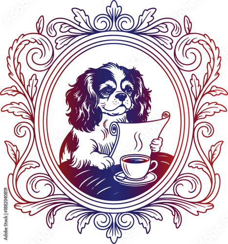 Illustrated dog reading newspaper while enjoying a cup of coffee in a vintage frame