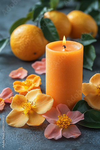 Orange candle and petals on gray surface with fruit Generative AI