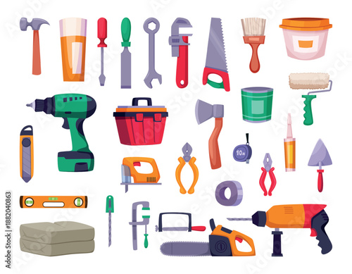 Construction workshop. Sellers and clients in repair service buying repair tools exact vector cartoon set