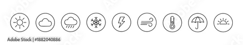 Black-and-white weather icons showing sun, rain, snow, wind, temperature, umbrella, and lightning.
