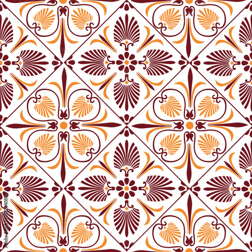 Seamless pattern with decorative elements in the style of the Renaissance. Сlassical Greek borders: meander, palmette, ornate golden black floral patterns. Typical egyptian, assyrian, greek motives