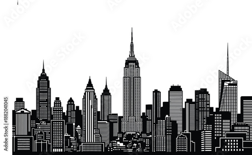 New York City skyline silhouette, urban skyscraper cityscape illustration, modern metropolitan architecture panorama, black and white downtown skyline vector