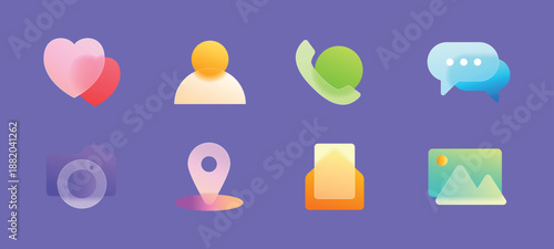 colorful abstract glass morphism icons depicting various communication and social media elements