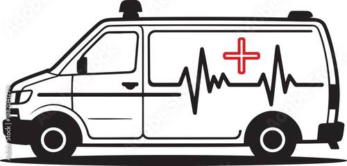 Illustration of an ambulance van with a heart rate line and red cross symbol representing medical emergency and healthcare services