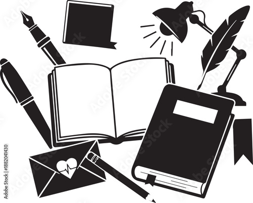 Writing and Literature Vector Illustration with Books, Pens, and Desk Stationery Icons