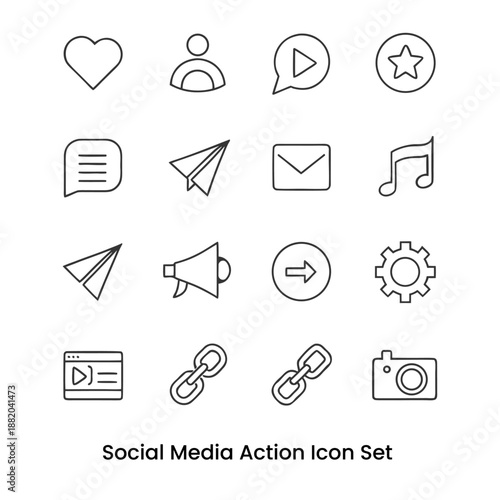 This social media action icon set includes commonly used engagement icons such as like, love, comment, share, save, repost, notification, and follow.
The icons are designed with a clean, modern, and m