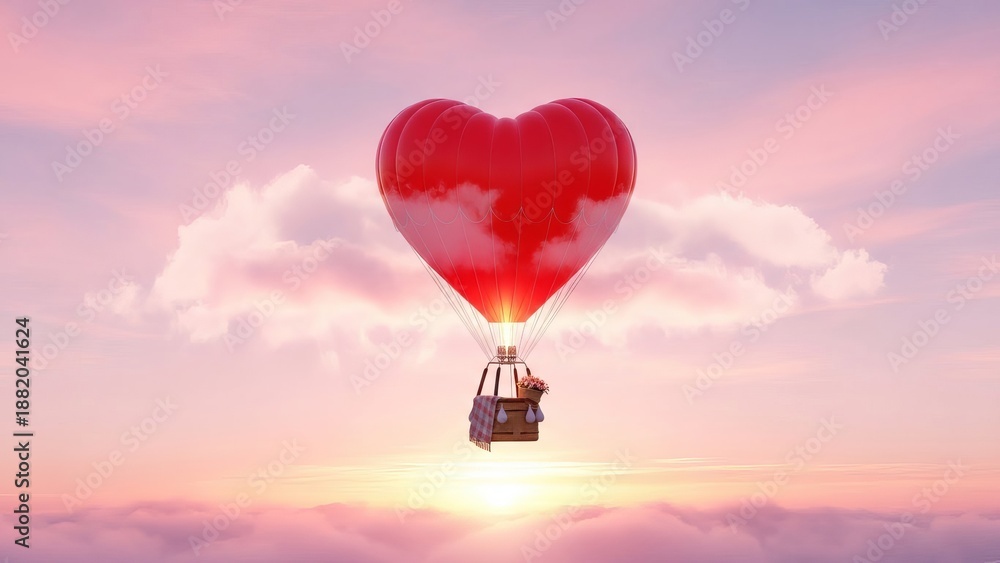 Fototapeta premium A heart-shaped balloon floats gently above clouds during a serene sunrise with a basket attached below it.