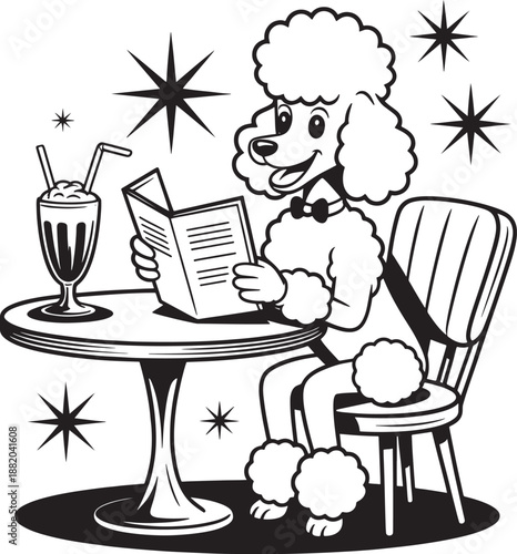 Poodle dog reading book at cafe table with milkshake drink and straws enjoying leisure time