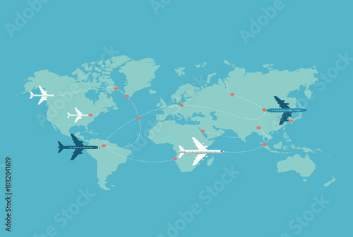 Global air travel route map illustration showing airplanes flying across world continents, international flight paths, transportation network, aviation logistics, and worldwide connectivity concept