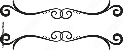 Swirl ornament strokes. Filigree swirl decoration, vintage scroll swirls. Hand drawn curly line dividers, wedding decor swirl ornament.