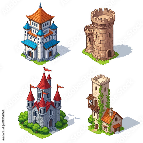 Vibrant isometric illustrations of diverse fantasy castles and ancient defense towers, ideal for game design assets and architectural concepts