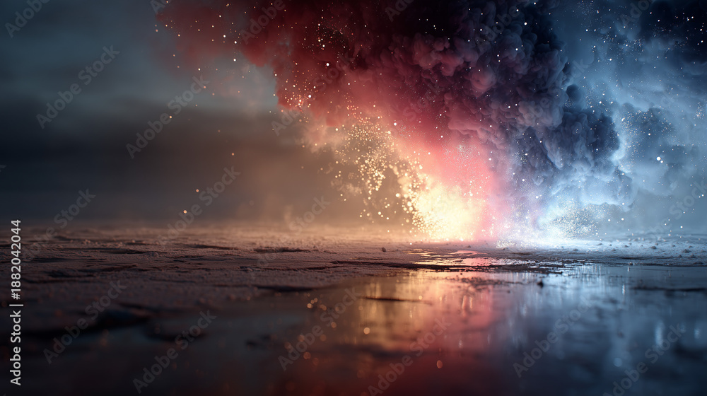 Obraz premium Close up glowing and smoke effect red color tone on the ground , background image.