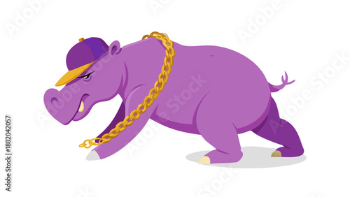 A large purple hippo wearing a gold chain and a backward baseball cap, doing a breakdance move.