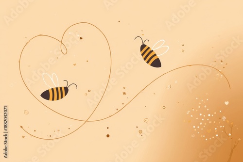 Bees and Heartful Trails on Warm Background with Floral Accents.