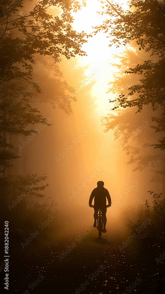 Fototapeta premium Cyclist riding along forest path during sunrise mist
